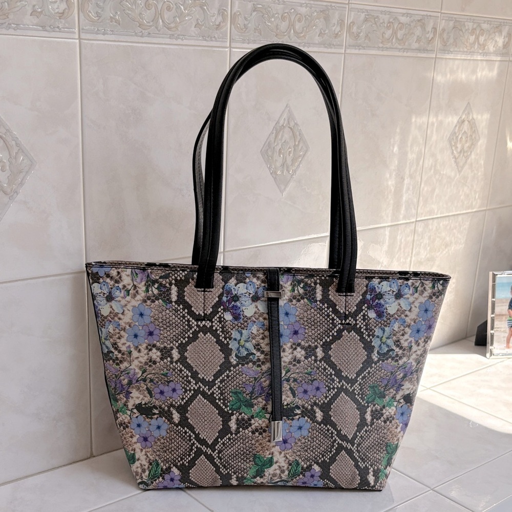 Vince Camuto Leila Large Violet Floral and Snake Print Faux Leather Tote. EUC